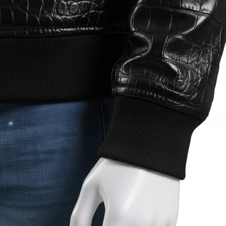 Mens Luxury Black Crocodile Embossed Leather Jacket  New Style Genuine Leather Bomber Jackets