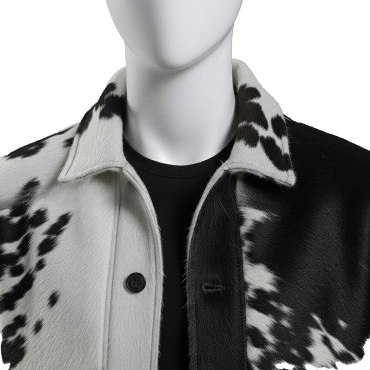 Mens HairOn Cowhide Leather Trucker Jacket Black and White Panel, Handmade