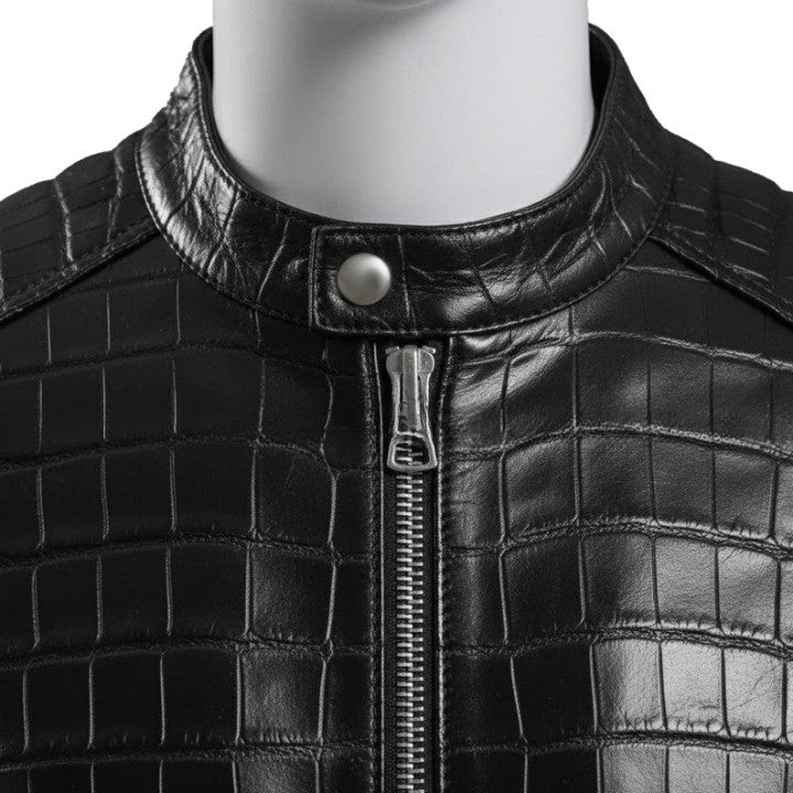 Mens Black Crocodile Embossed Leather Jacket  Genuine Leather Biker Style Handmade Jackets
