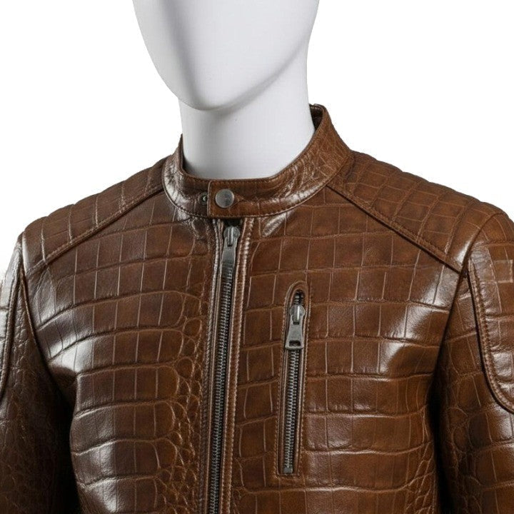 Mens Brown Crocodile Embossed Leather Biker Jacket  Slim Fit Aviator Coat