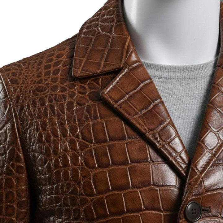 Mens Brown Croc Embossed Coat  Genuine Leather Button Front Jacket  Handmade Long Leather Outerwear