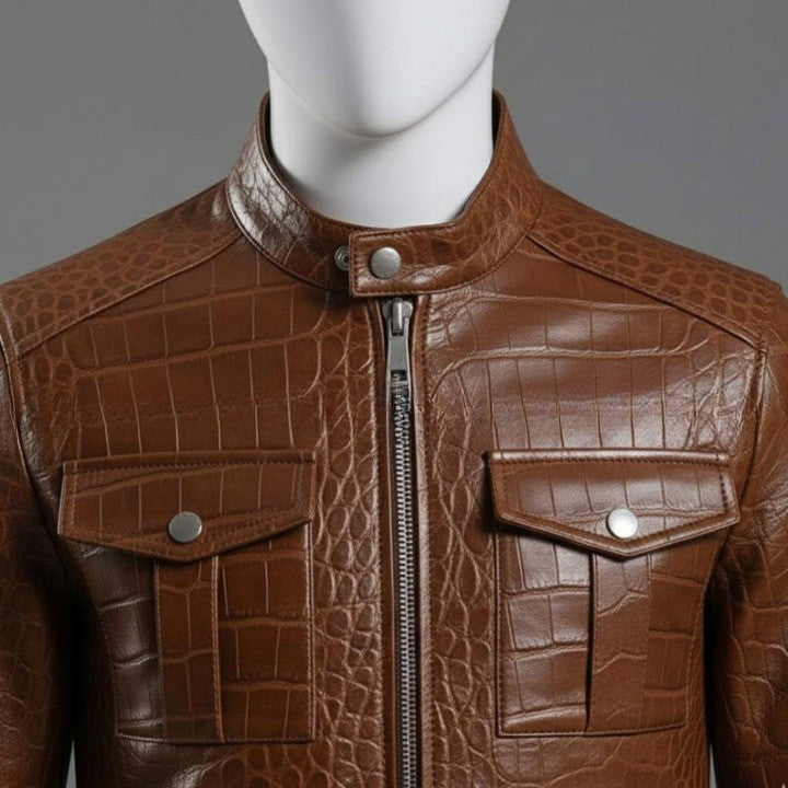 Mens Brown Crocodile Embossed Genuine Leather Jacket