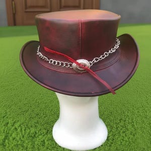 Handmade Genuine Leather Steampunk Top Hat Gothic Chain Band Victorian Western Costume
