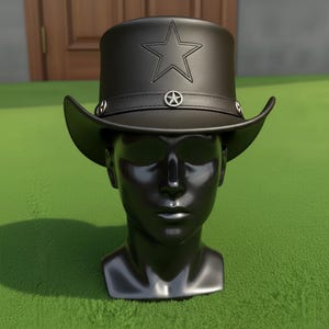 Handmade Black Leather Top Hat Steampunk Gothic Star Design Unisex Cosplay Accessory