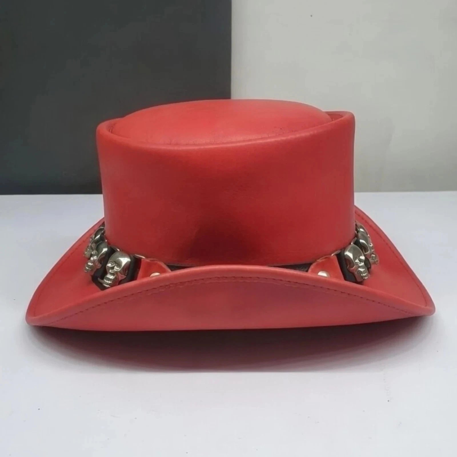 Premium Genuine Leather Top Hat Red Skull Band Gothic Steampunk Costume