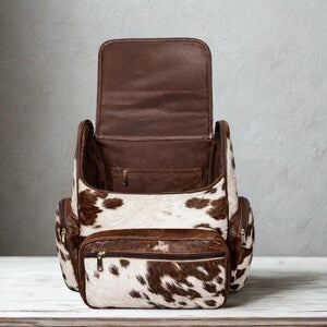 Handmade Cowhide Leather Backpack  Brown  White Western Rucksack.