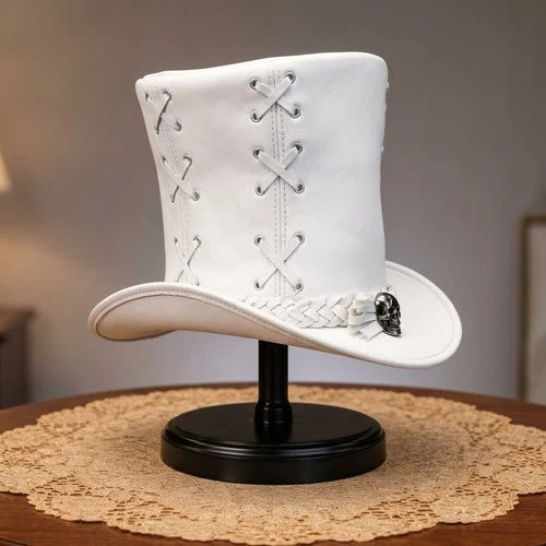 White Gothic Steampunk Top Hat Mens Womens Victorian Costume Skull Braided Hat