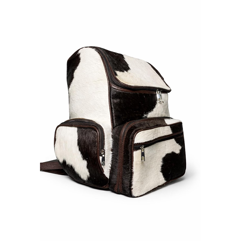Handmade Genuine Cowhide Backpack  Brown & White Spotted Leather Backpack  Large Western Rucksack with Pockets