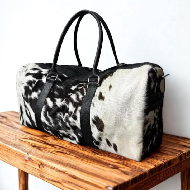 Black  White Cowhide Duffle Bag Handmade Western Weekender
