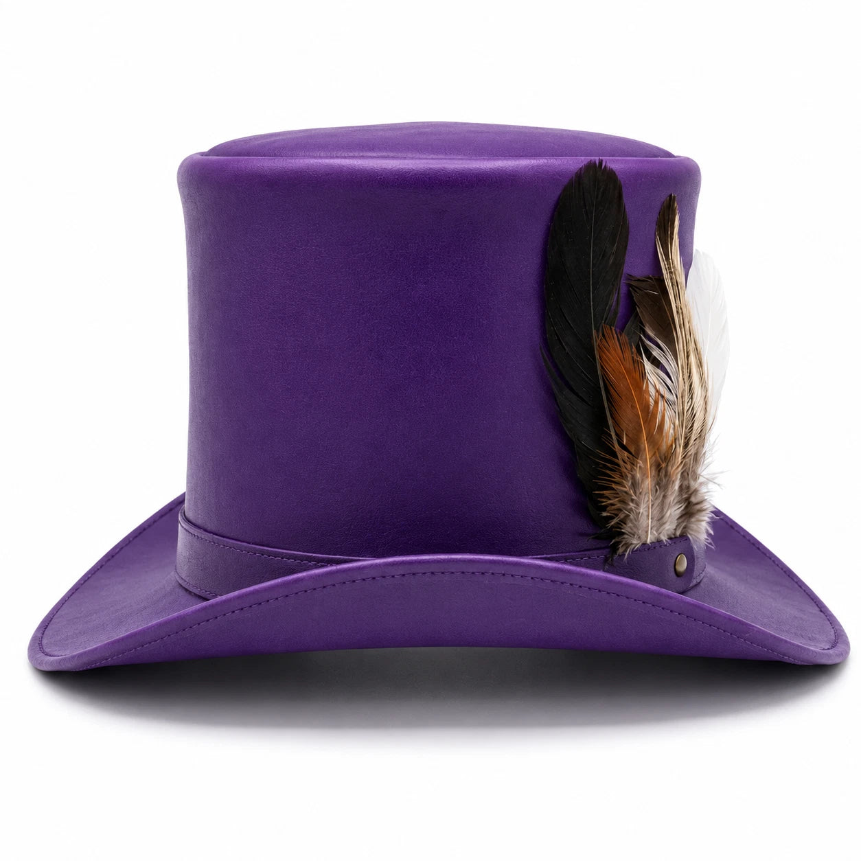 Purple Genuine Leather Top Hat Steampunk Gothic Victorian Mad Hatter Feather