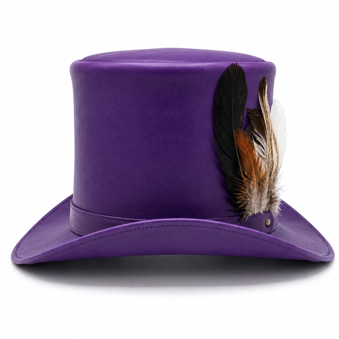Purple Genuine Leather Top Hat Steampunk Gothic Victorian Mad Hatter Feather
