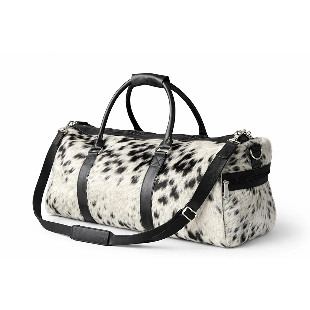 HairOn Cowhide Black and White Duffle Bag  Handmade Leather Weekender3