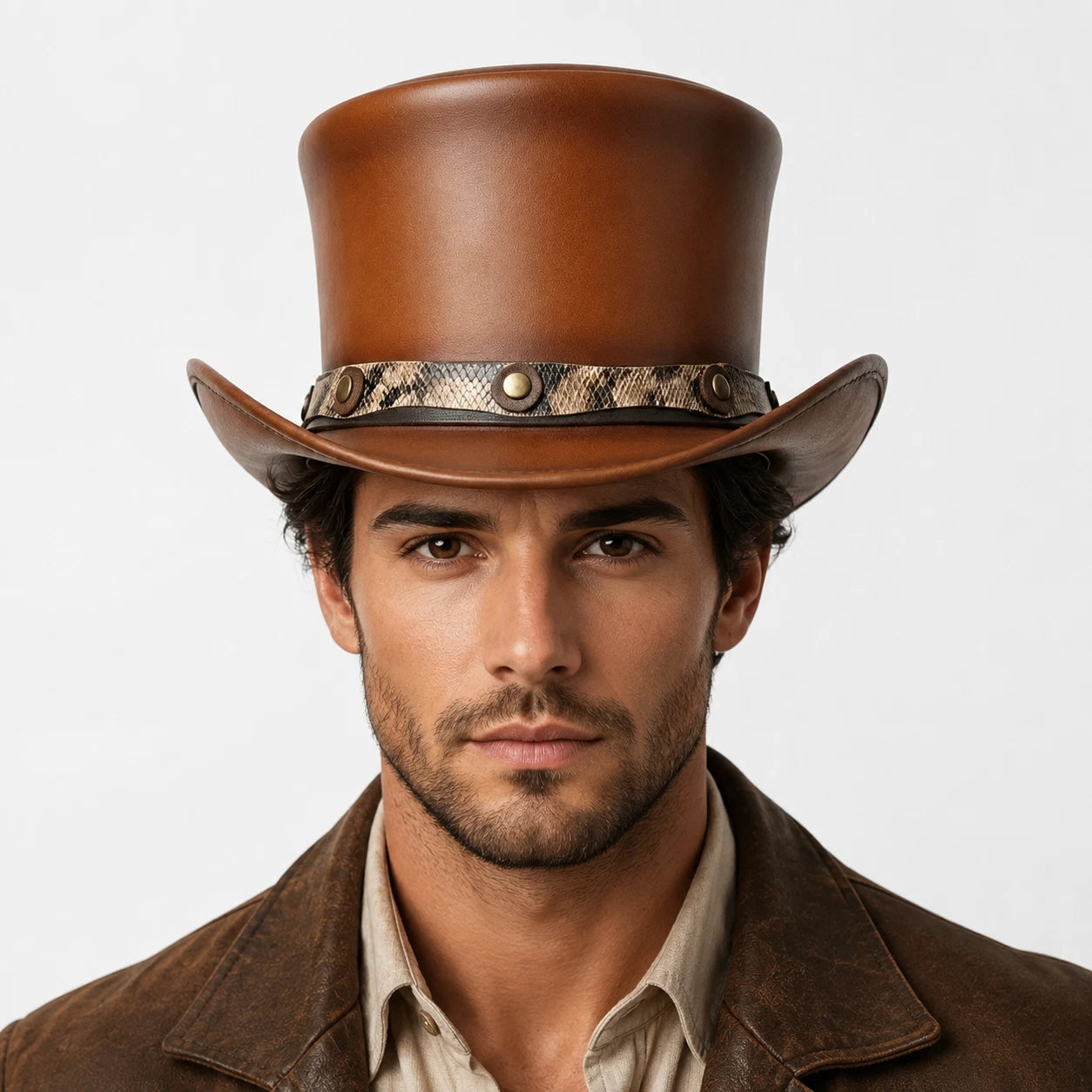 Brown Genuine Leather Top Hat Western Cowboy Steampunk Victorian Gothic Unisex