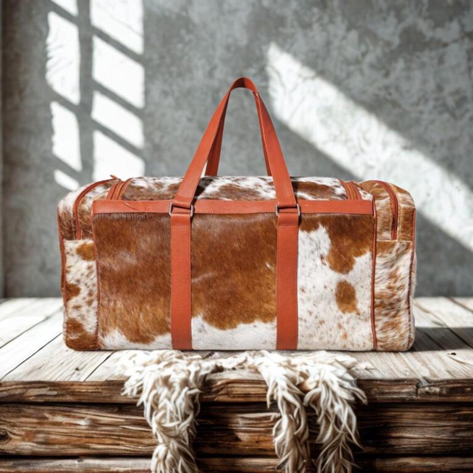 Tan  White Cowhide Duffel Bag  Genuine Leather Western Weekender 22