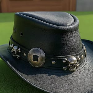 Handmade Black Leather Cowboy Hat with Skull Band  Steampunk Gothic Rock Festival Accessory