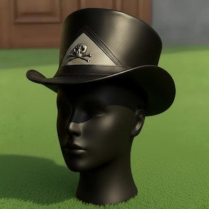 Handmade Black Leather Top Hat Gothic Steampunk with Skull Design Cosplay