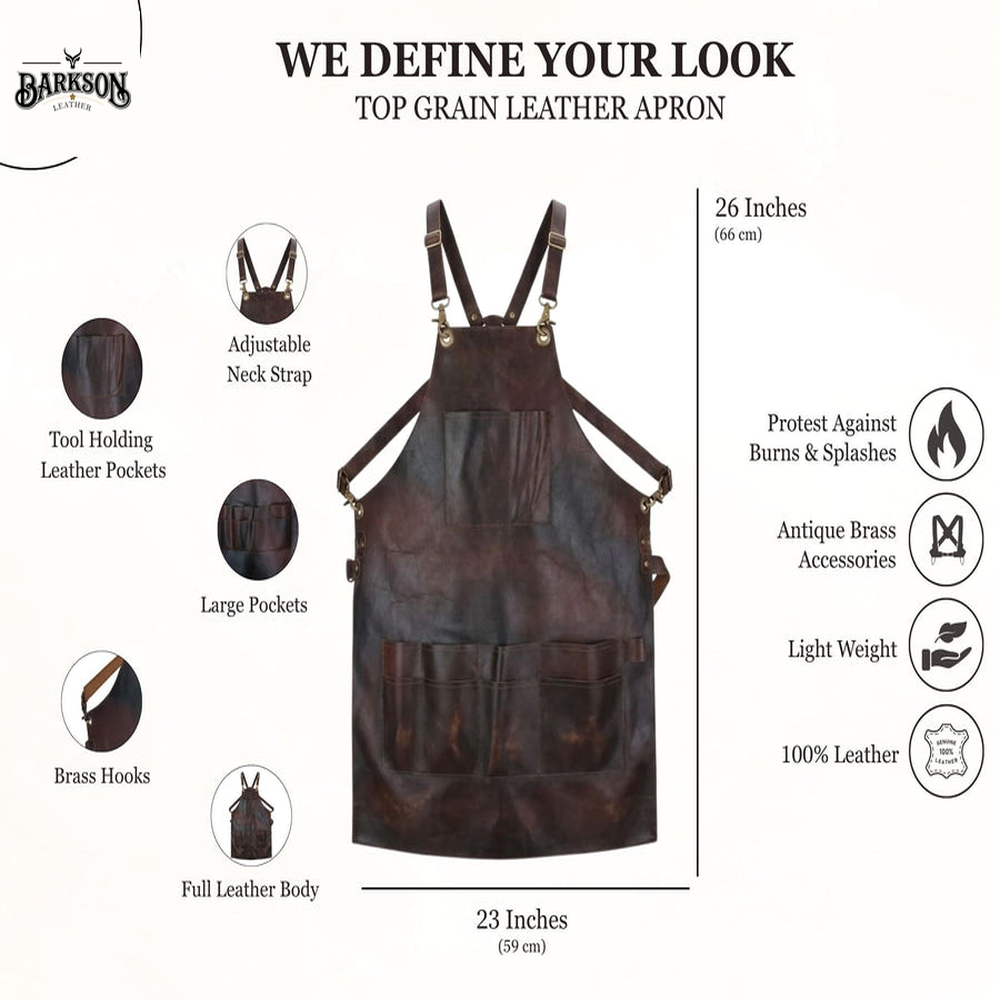Dark Brown Full Grain Leather Apron with Cross Back Straps  Utility Pockets