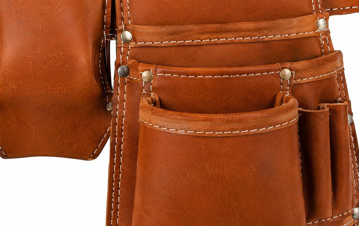 Durable Tan Brown Leather Tool Belt with Multiple Storage Pockets