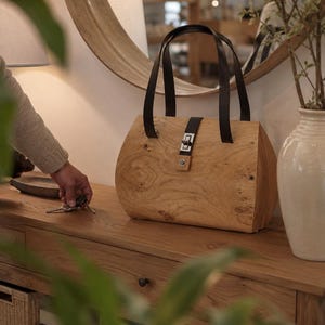 Solid Oak Burl Wood Handbag Black Leather Top Handle Purse Carved Clutch Bag