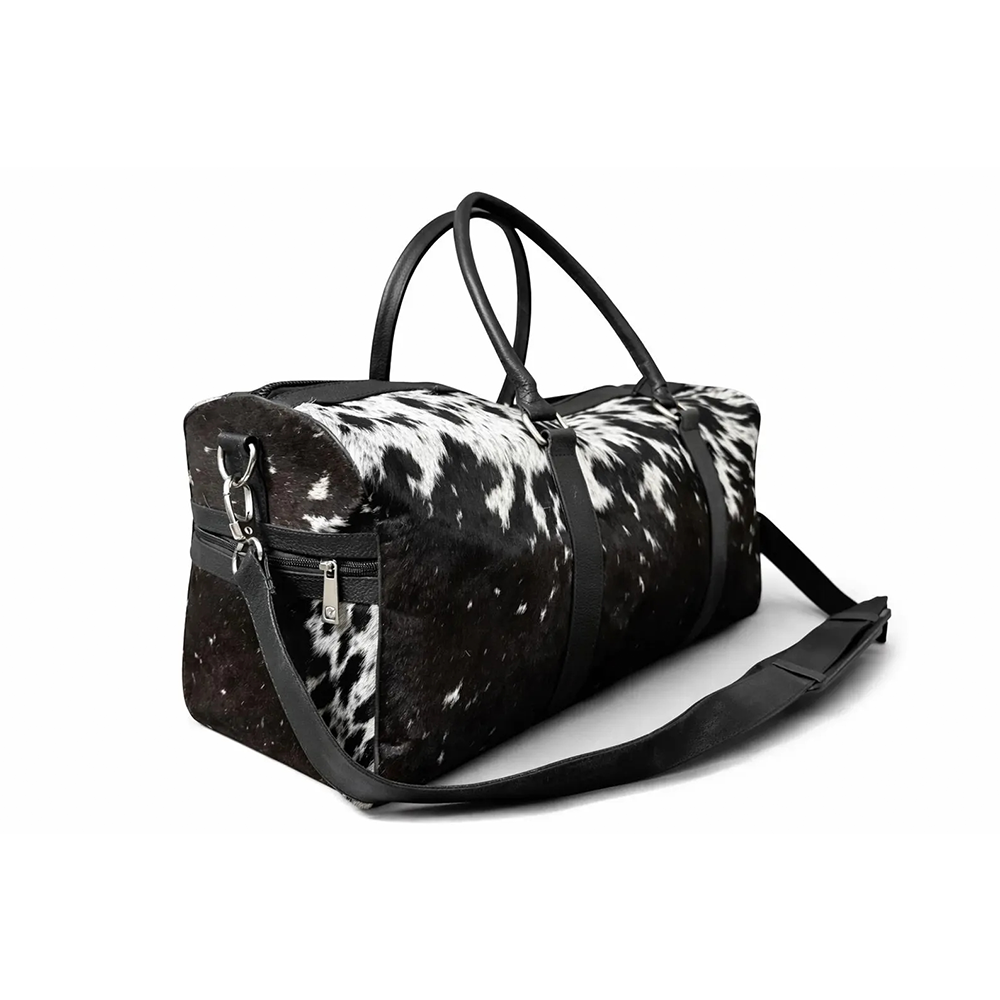 HairOn Cowhide Black and White Duffle Bag  Handmade Leather Weekender8