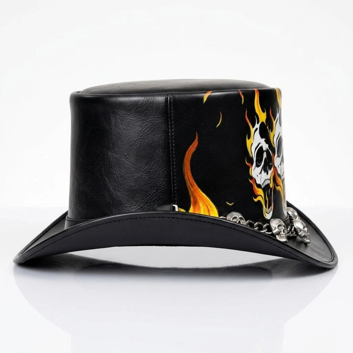 Handmade Black Leather Skull Flame Top Hat Gothic Biker Steampunk Cosplay  New