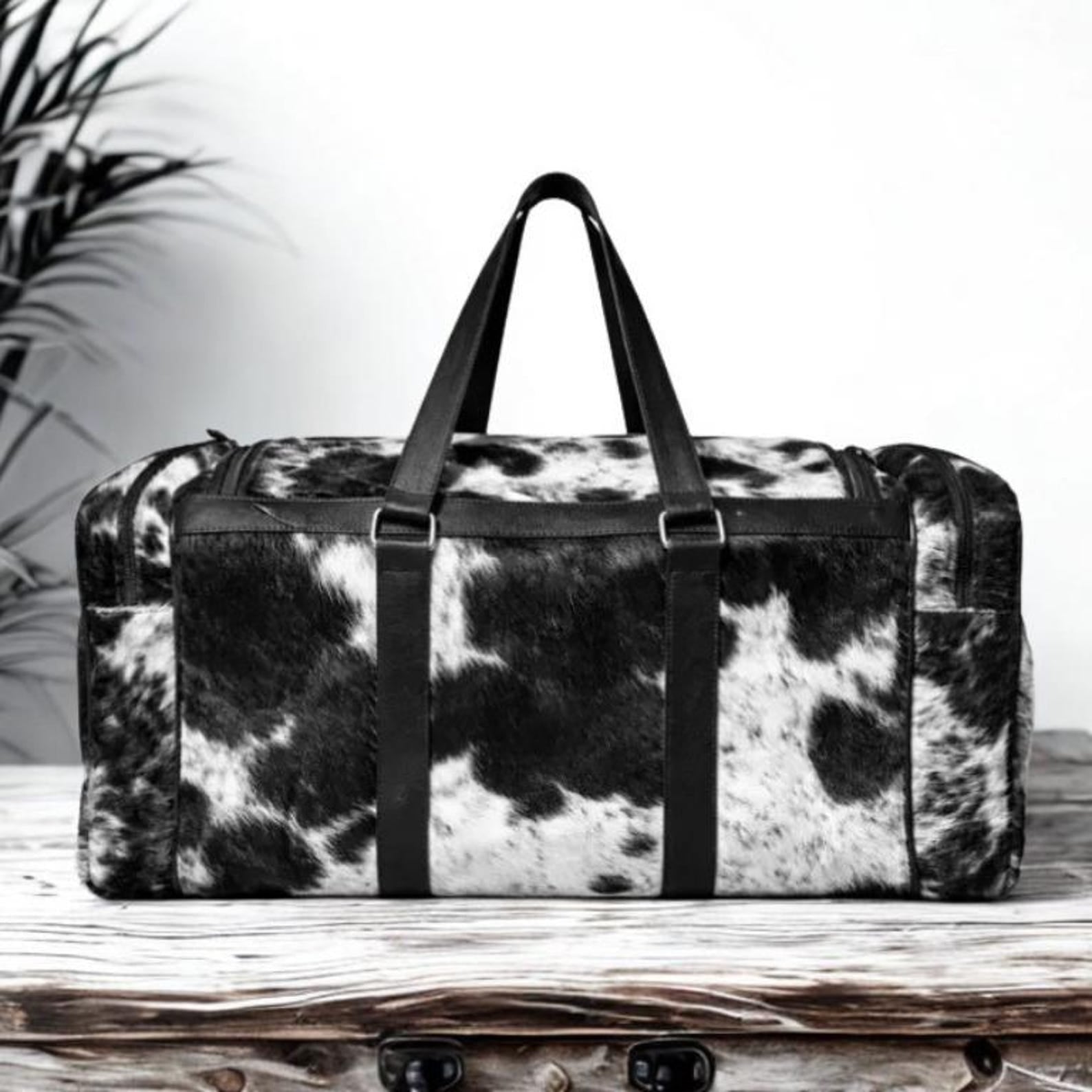 Black White Cowhide Duffle Bag  Leather Western Weekender Travel Bag 22