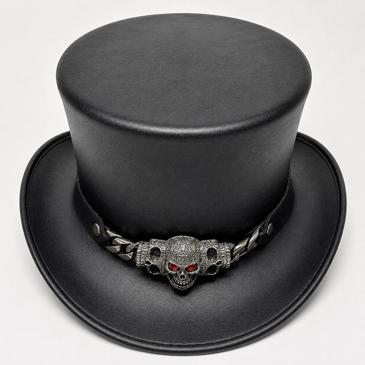 Mens Genuine Leather Gothic Top Hat Skull Red Eyes Steampunk Handmade Cosplay