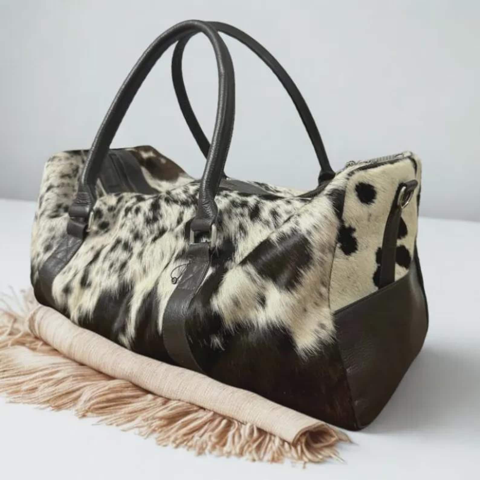Cowhide Duffle Bag Genuine Hair on Hide Leather Western Travel Duffel Overnight Holdall Gift