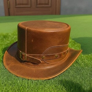 Handmade Brown Leather Top Hat unisex Steampunk Cowboy Hat with Silver Conchos
