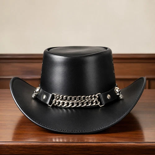 Mens Black Leather Cowboy Hat Chain Band Western Steampunk Gothix