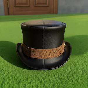 Handmade Mens Black Leather Top Hat Skull Studded Steampunk Gothic Cosplay