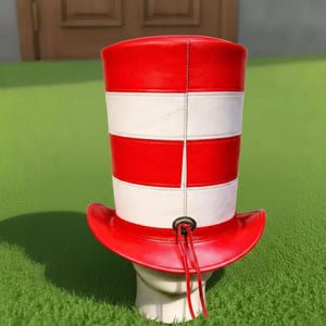 Handmade Red White Striped Tall Top Hat Leather Festival Costume Statement Hat