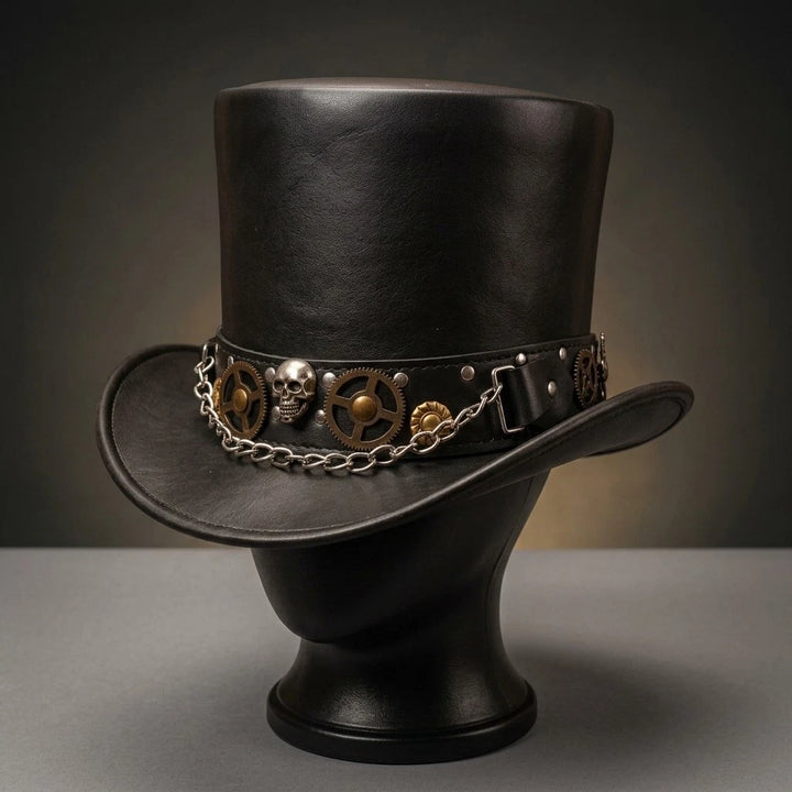 Black Steampunk Gothic Top Hat Mens Womens Victorian Gear Skull Chain Costume