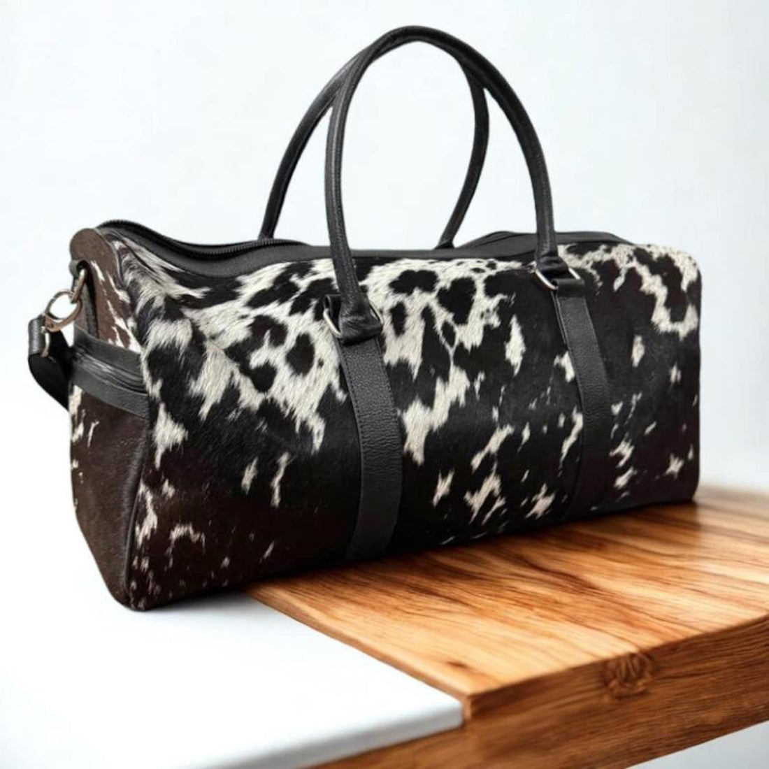 Black and White Cowhide Duffle Bag Handmade Hair on Leather Weekender Rustic Western Travel Bag