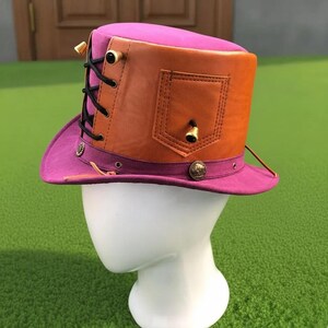 Handmade Purple Orange Leather Top Hat Steampunk Lace Up Cosplay Festival Wear