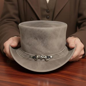 Handmade Distressed Brown Leather Top Hat Unique Steampunk Cowboy Westerns Style