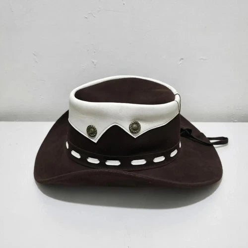 Premium Brown Leather Cowboy Hat Festival Gothic Western Hat Chin Strap