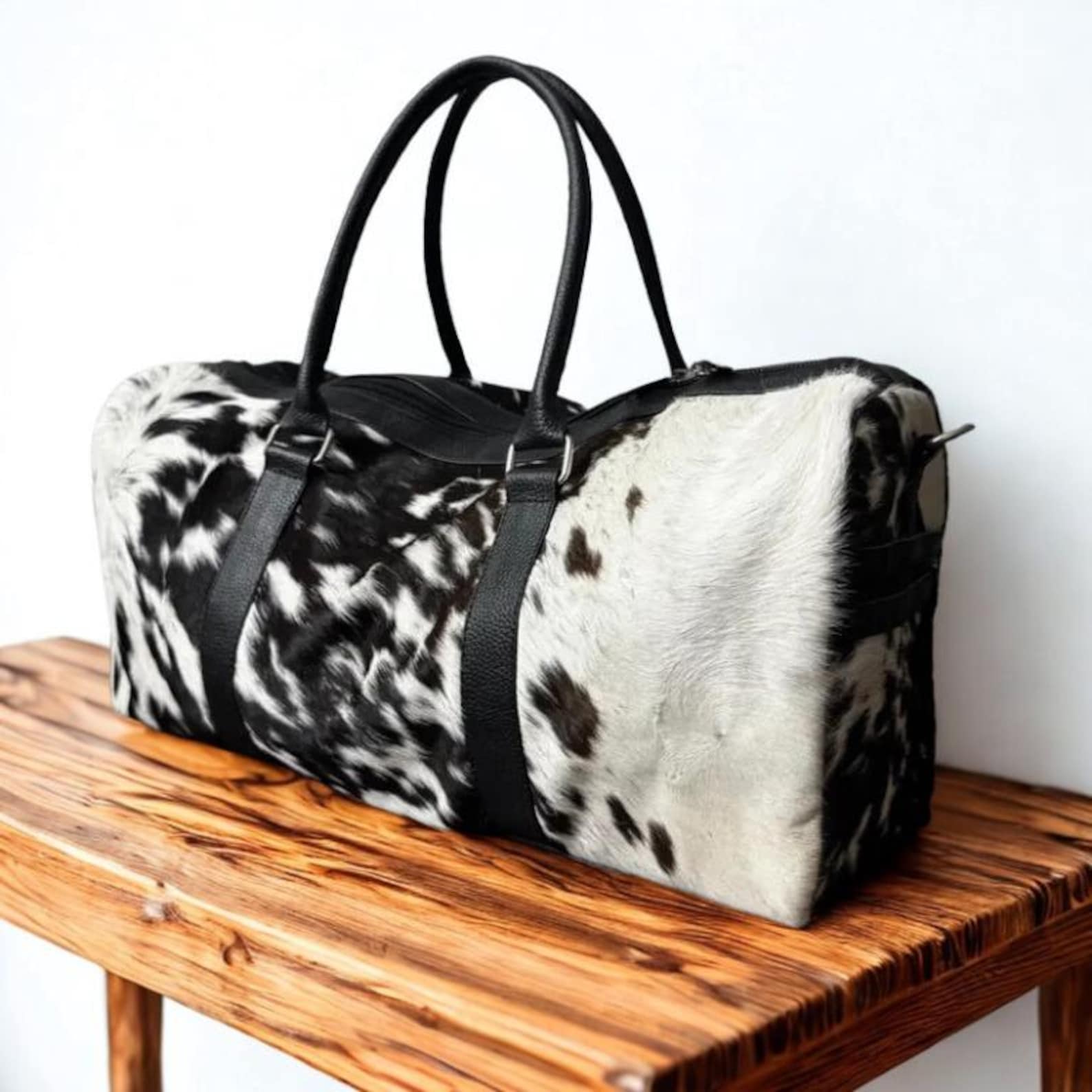 Black  White Cowhide Duffle Bag Handmade Western Weekender