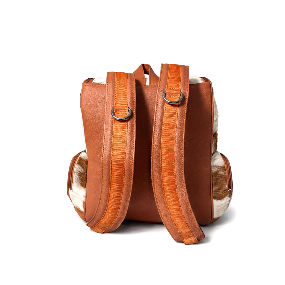 Handmade Genuine Cowhide Backpack  Tan & White Spotted Leather Backpack  Large Western Rucksack with Pockets