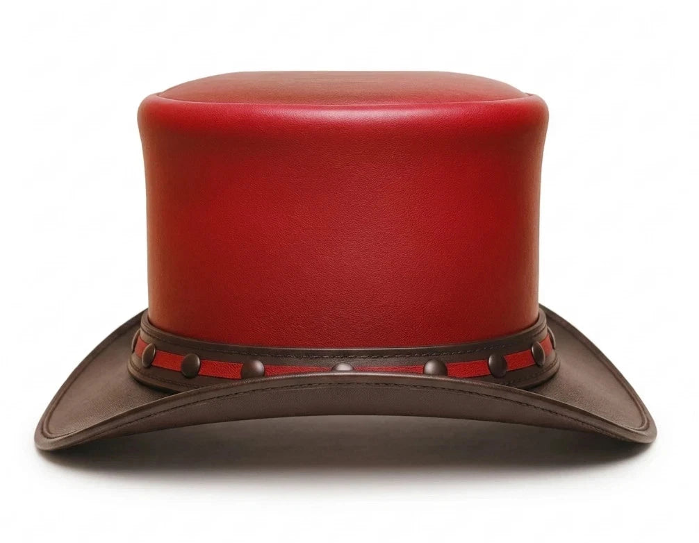 Red and Black Leather Top Hat with Stud Band  Steampunk Style