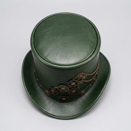 Handmade Green Leather Steampunk Top Hat Gothic Victorian Gear Hat Costume