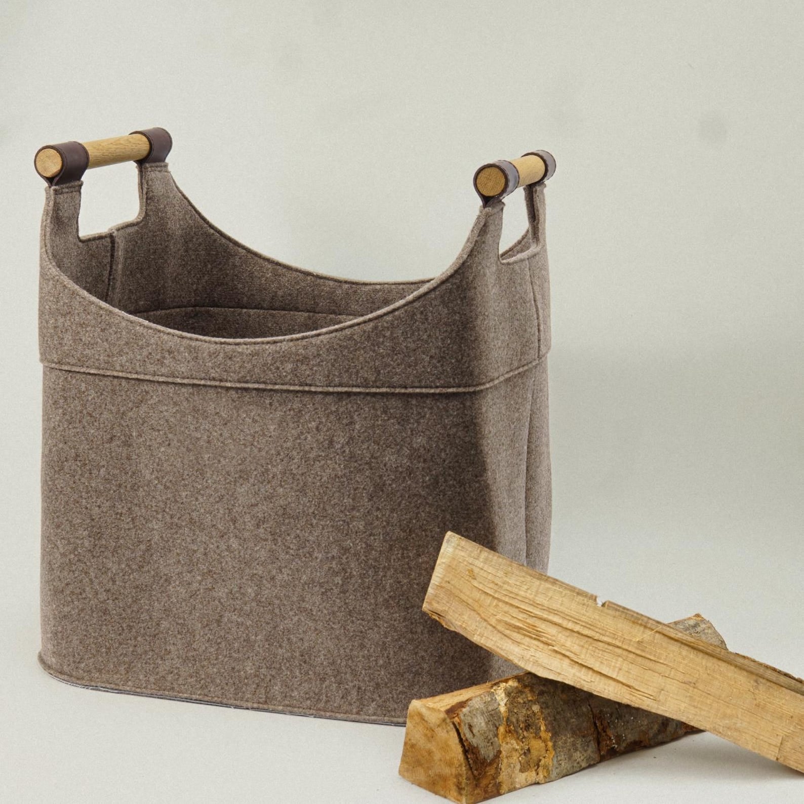 Felt firewood basket for firewood large 70 L with real wood handles