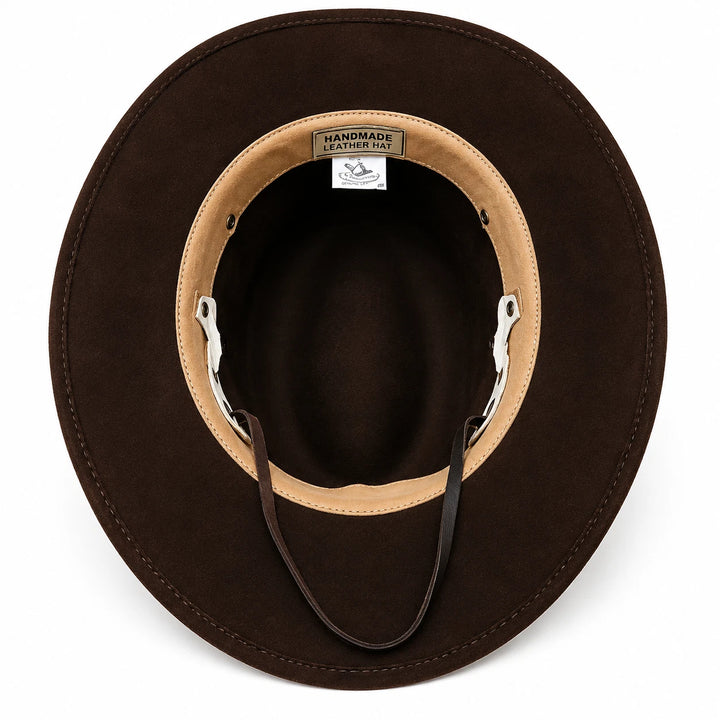 Brown Leather Cowboy Hat Western Concho Studs White Band Chin Strap Rancher