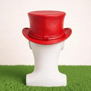 Handmade Red Leather Top Hat Braided Band Gothic Steampunk Style Unisex Accessory