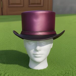 Handmade Burgundy  Black Leather Top Hat  Victorian Steampunk Gothic Cosplay Festival Costume Hat