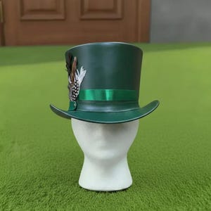 Handmade Green Leather Top Hat Steampunk Victorian Cosplay with Feather Detail