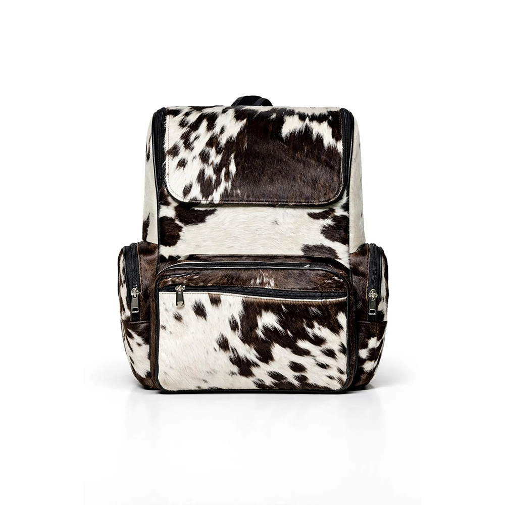 Handmade Genuine Cowhide Backpack  Black & White Spotted Leather Backpack  Large Western66