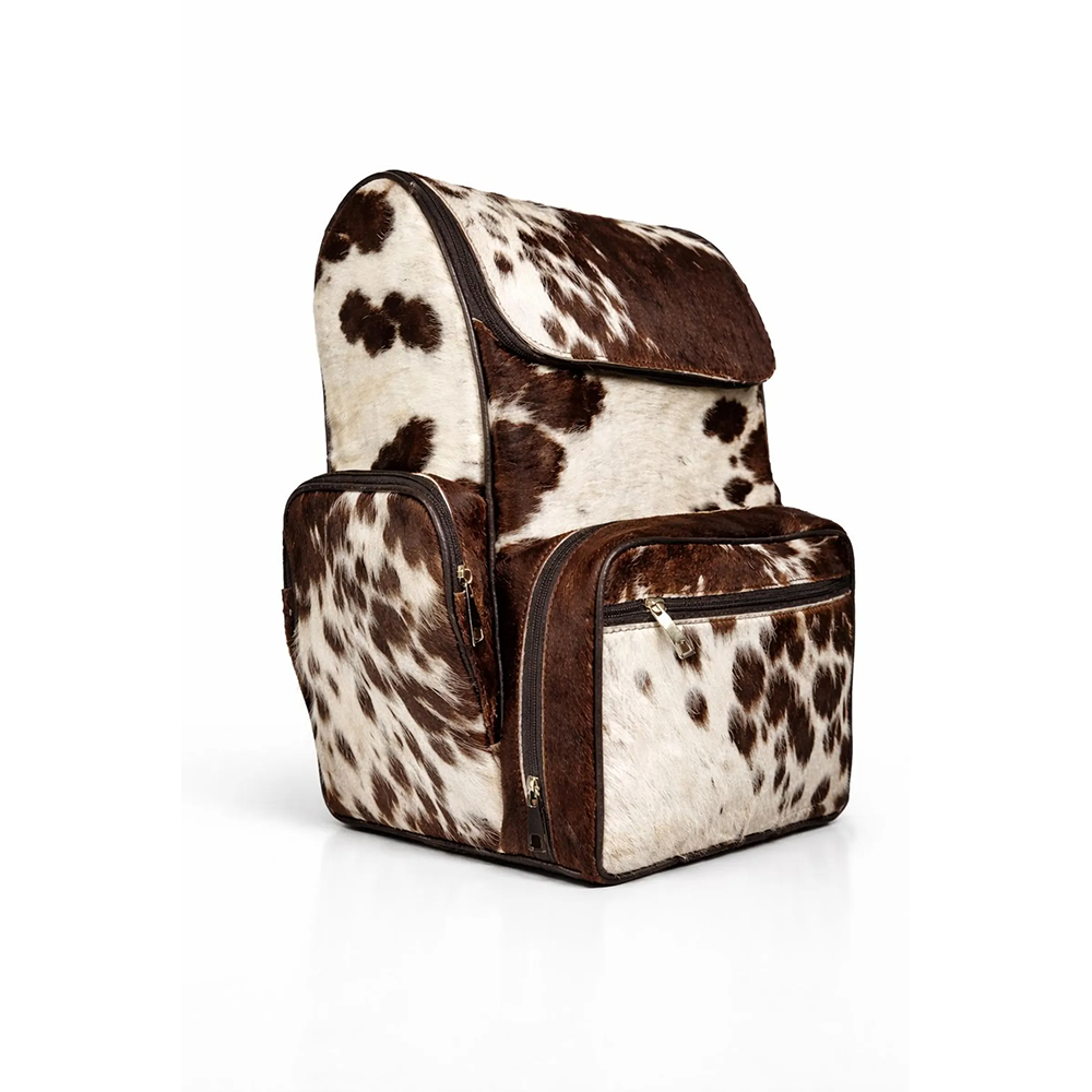 Handmade Genuine Cowhide Backpack  Brown & White Spotted Leather Backpack  Large Western12
