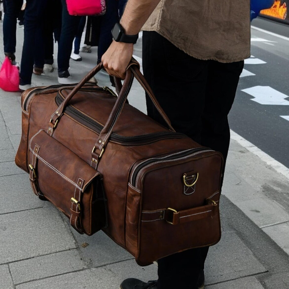 Handmade Western Style Leather Duffle Bag Vintage Brown Cowhide Travel Bag5
