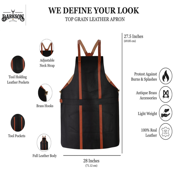 Professional Black Leather Chef Apron with Adjustable Cross Back Harness